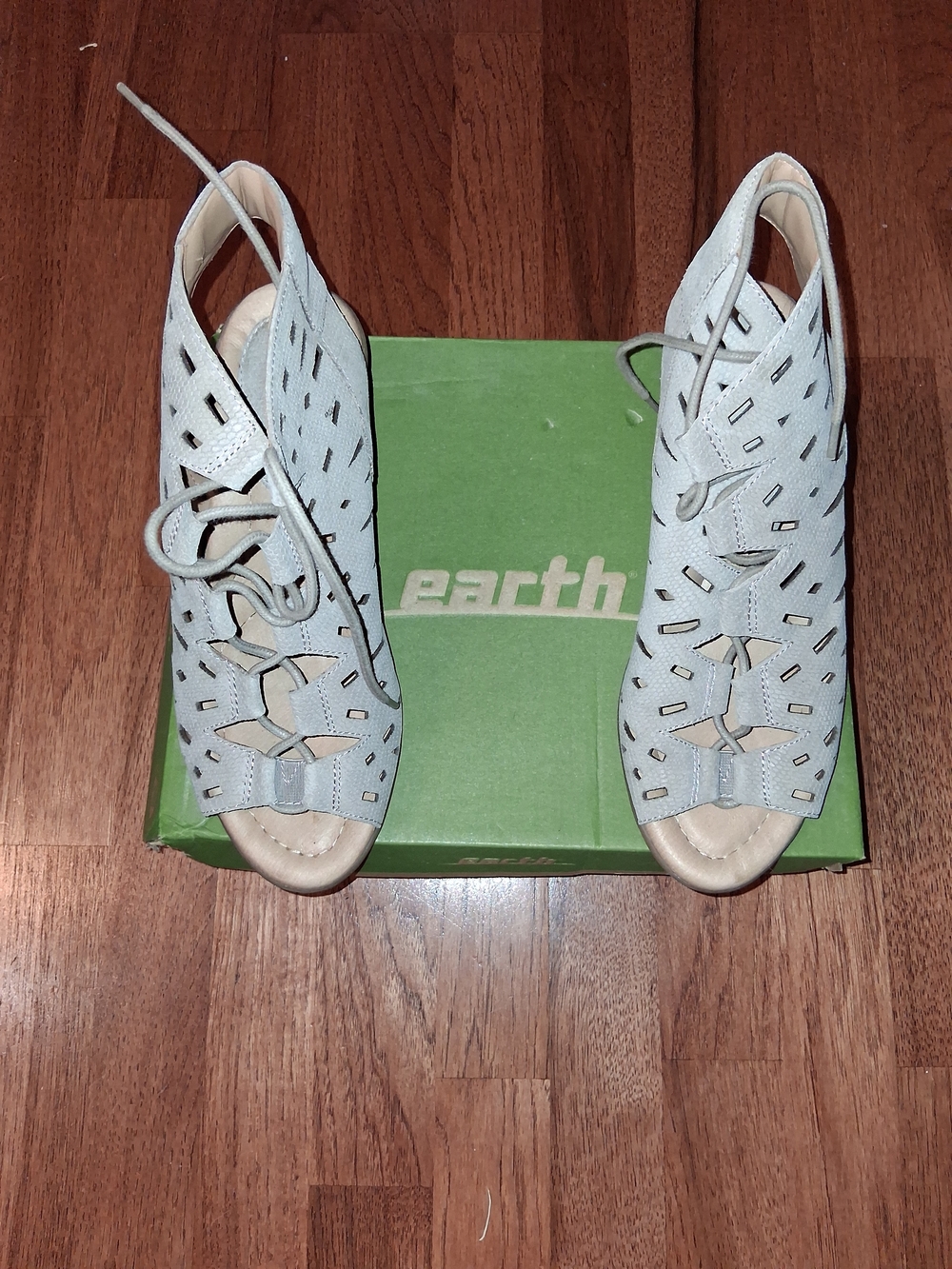 Earth Origins Women's Pale Tan Lace-Up Peep-Toe Wedge Heels